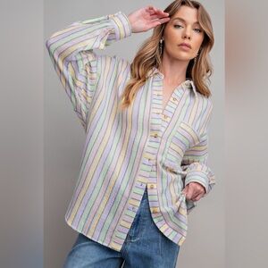 Easel Sage Stripe Gauze Button Down Shirt
